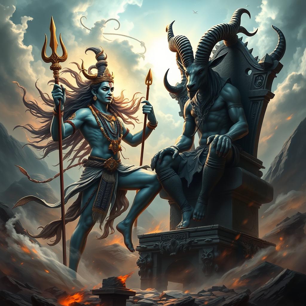 A dramatic scene depicting a battle between the Hindu god Shiva and the occult figure Baphomet