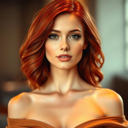 A stunning portrait of a fashionable redhead woman with a graceful neckline, showcasing her vibrant fiery hair cascading over her shoulders