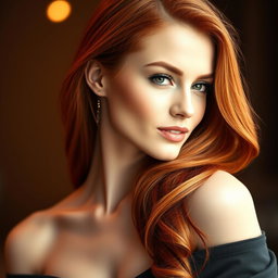 A stunning portrait of a fashionable redhead woman with a graceful neckline, showcasing her vibrant fiery hair cascading over her shoulders