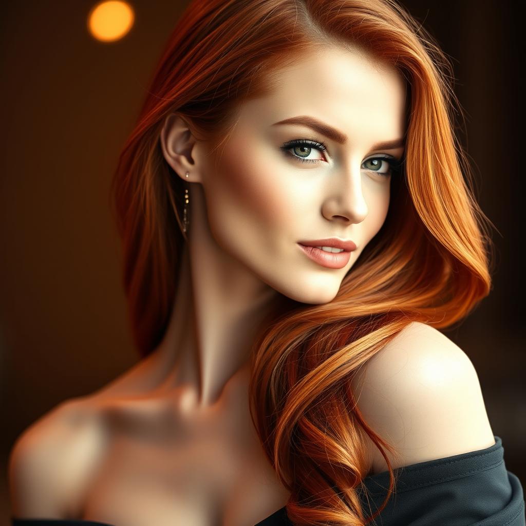 A stunning portrait of a fashionable redhead woman with a graceful neckline, showcasing her vibrant fiery hair cascading over her shoulders