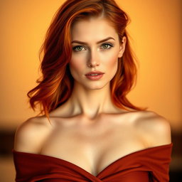 A stunning portrait of a fashionable redhead woman with a graceful neckline, showcasing her vibrant fiery hair cascading over her shoulders