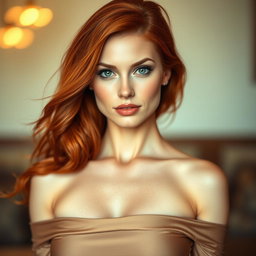 A stunning portrait of a fashionable redhead woman with a graceful neckline, showcasing her vibrant fiery hair cascading over her shoulders