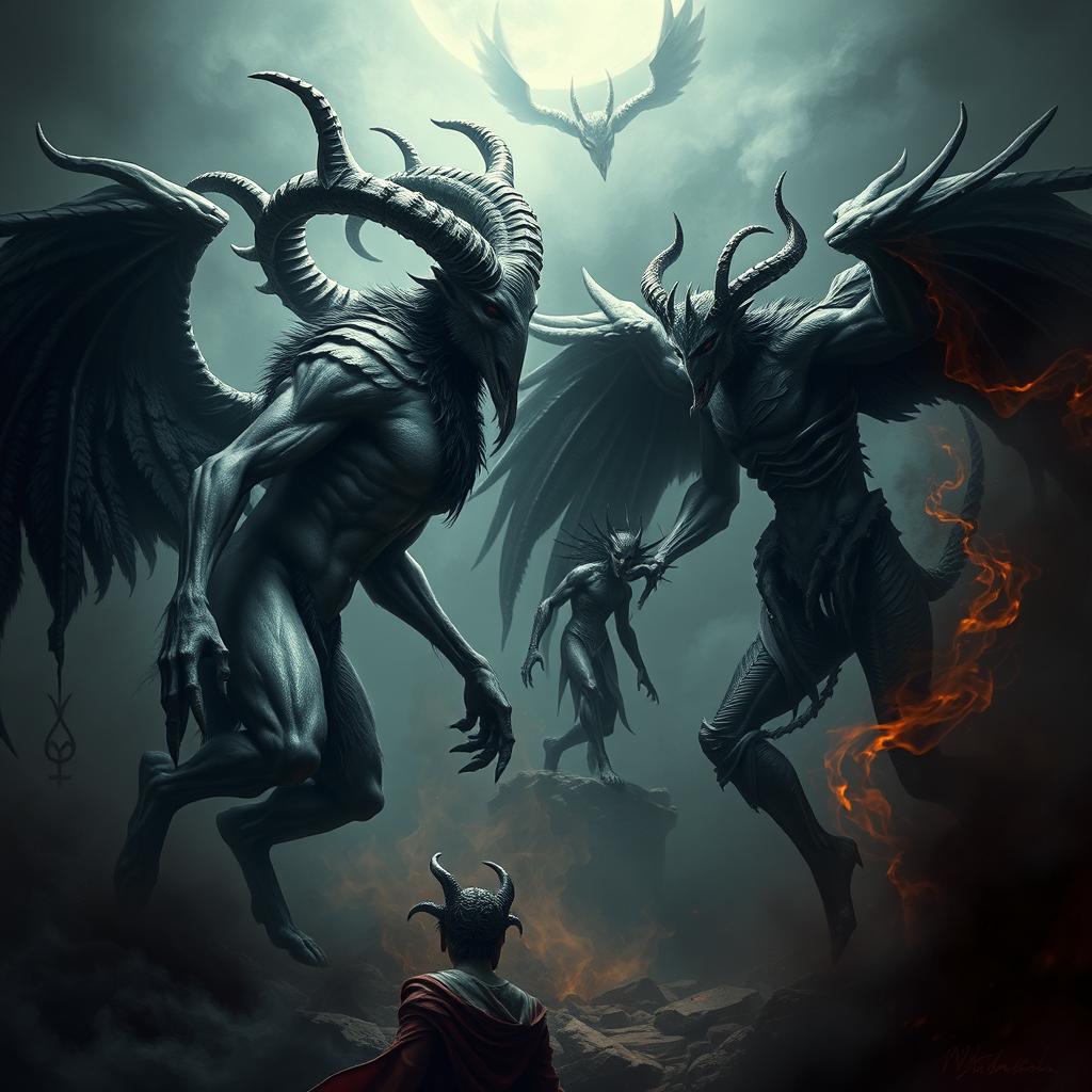 An intense confrontation between Baphomet and Azazel, set in a shadowy, mist-filled landscape