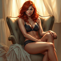 A captivating artistic rendering of a beautiful redhead woman in seductive lingerie