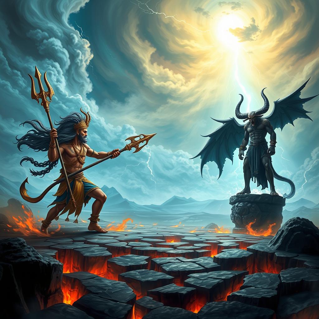 An epic fantasy battle scene depicting Veerabhadra, a fierce warrior with long flowing hair, adorned in traditional Hindu warrior attire, wielding a powerful trident