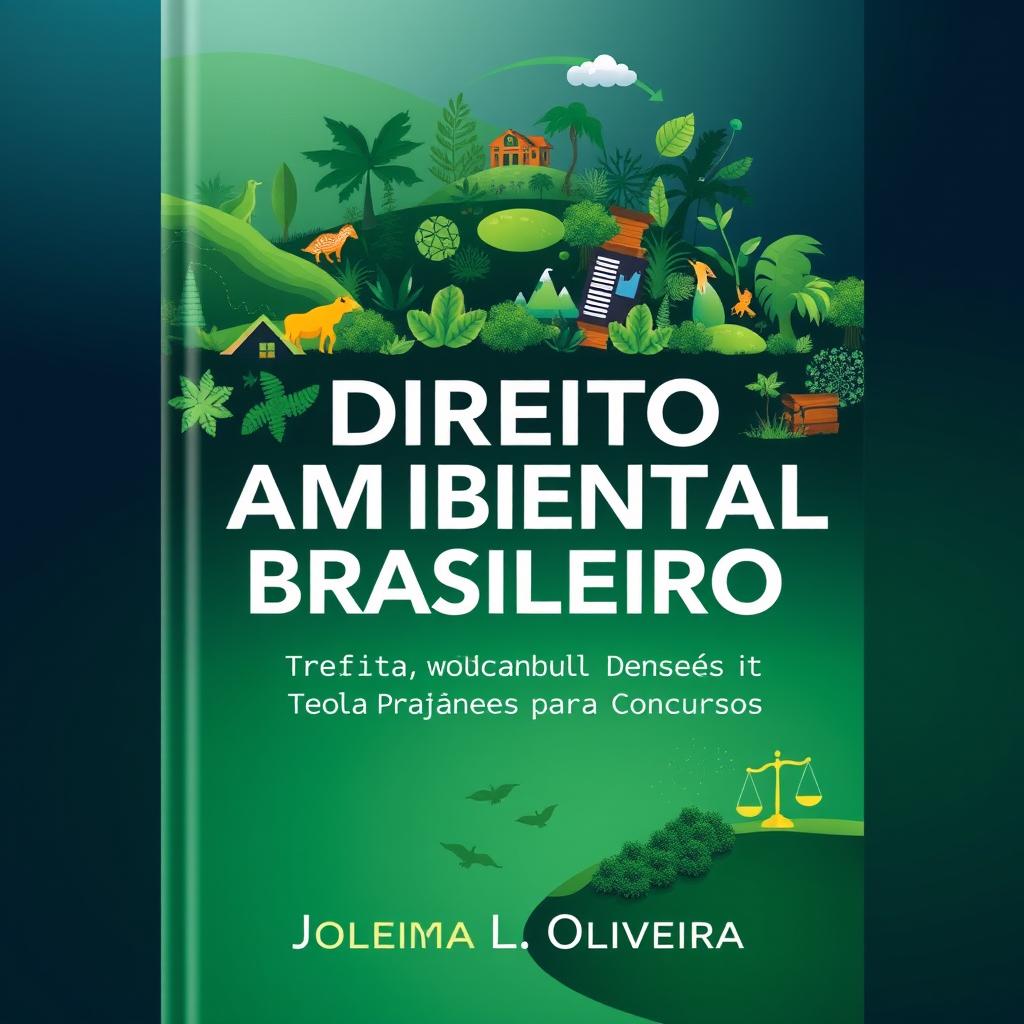 A visually striking and informative book cover for 'Direito Ambiental Brasileiro: Teoria, Prática e Questões para Concursos' by author Joelma L