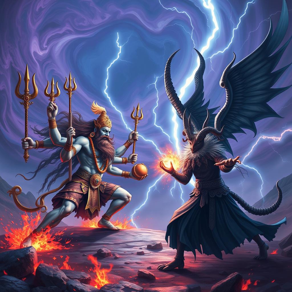 An epic and dynamic battle scene featuring Veerabhadra, portrayed with six powerful arms, each holding different weapons associated with the Hindu god Shiva, such as a trident, a sword, a drum, and a fire pot