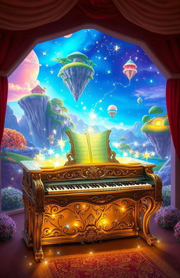 A magical piano that can transport to different dimensions, beautifully ornate with intricate carvings, glowing keys, and ethereal sparkles surrounding it