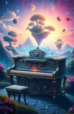 A magical piano that can transport to different dimensions, beautifully ornate with intricate carvings, glowing keys, and ethereal sparkles surrounding it