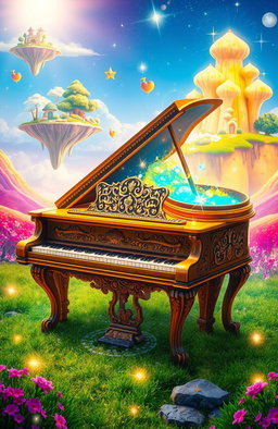 A magical piano that can transport to different dimensions, beautifully ornate with intricate carvings, glowing keys, and ethereal sparkles surrounding it