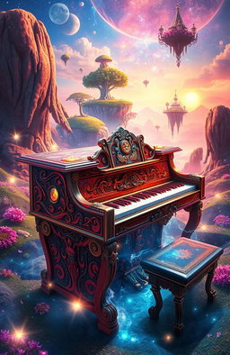 A magical piano that can transport to different dimensions, beautifully ornate with intricate carvings, glowing keys, and ethereal sparkles surrounding it