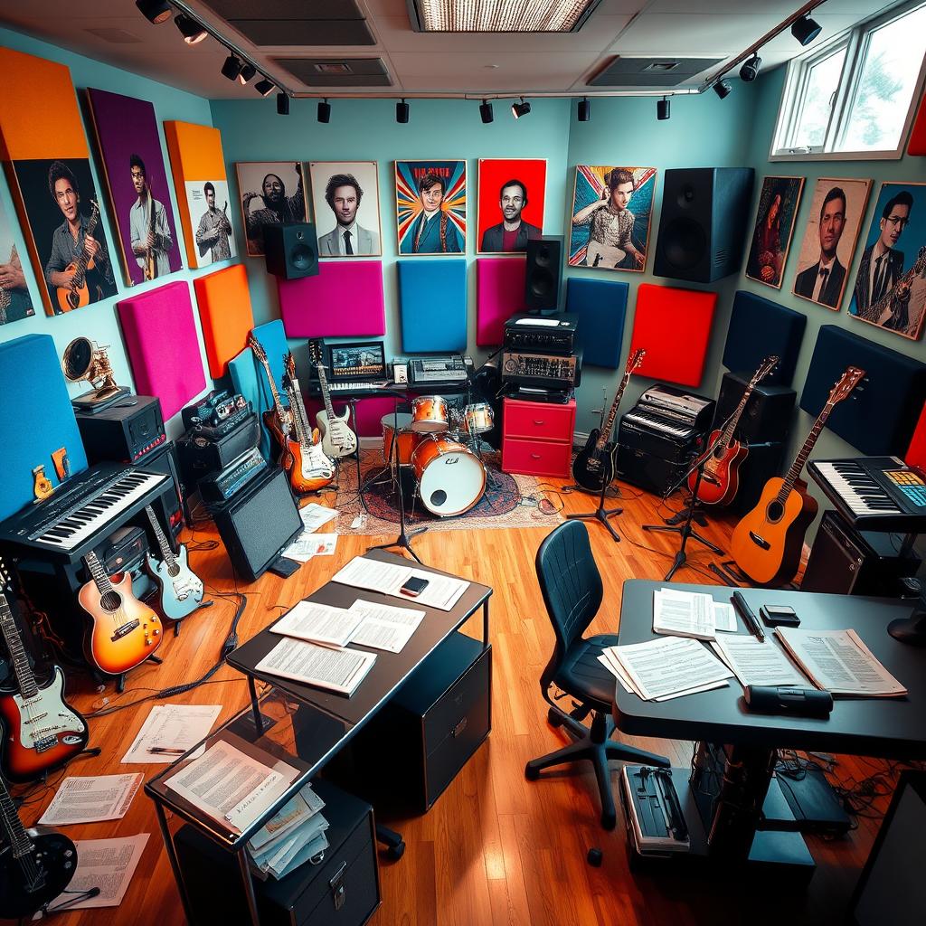A vibrant, modern music studio filled with an array of musical instruments such as guitars, keyboards, and drums