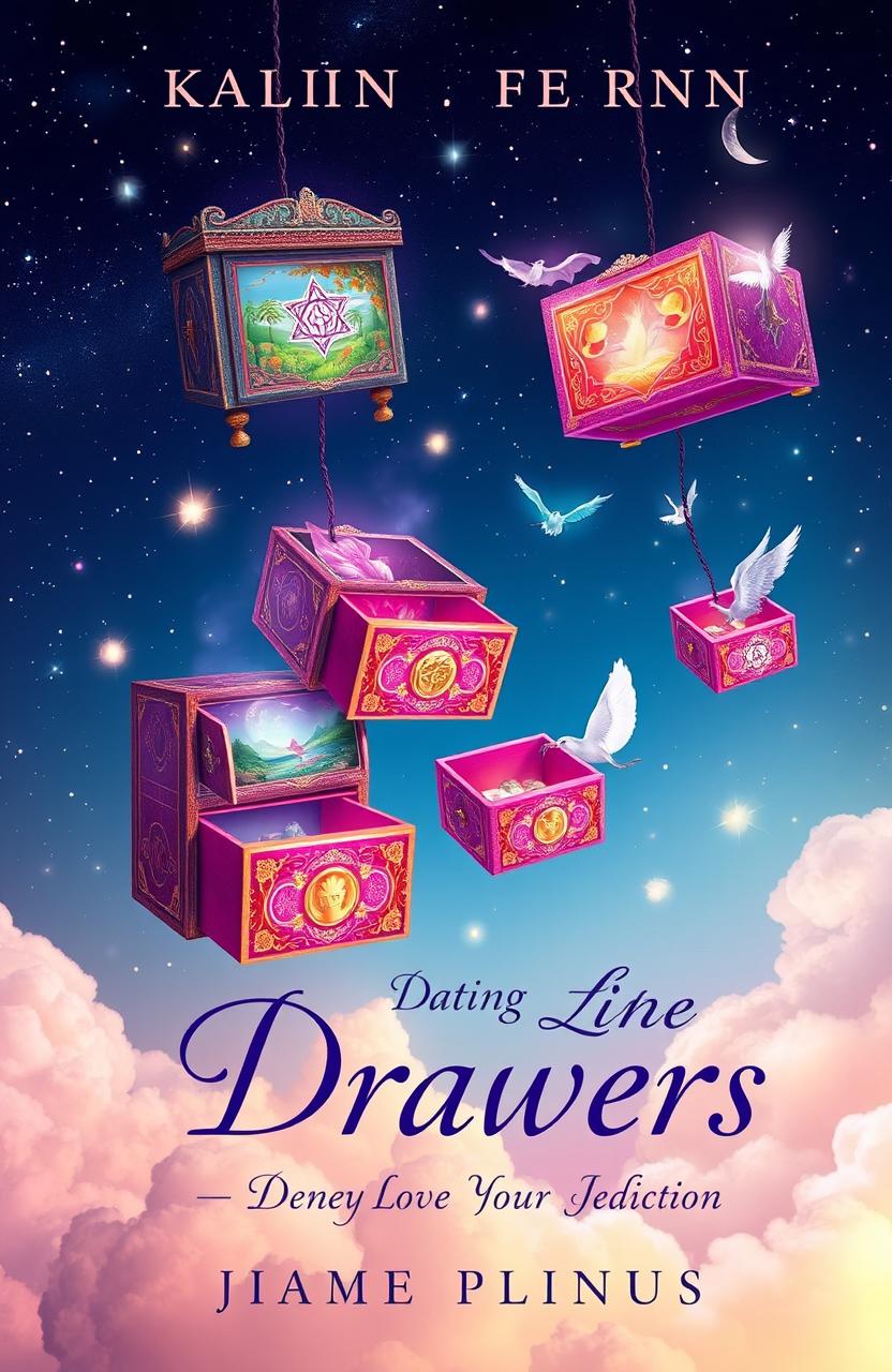 A whimsical and enchanting book cover design featuring a mystical spiritual realm where vibrant, otherworldly drawers float in the air