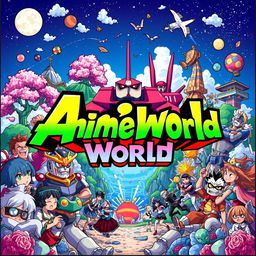 A vibrant and colorful illustration representing the anime world, featuring iconic elements such as vibrant characters with exaggerated expressions, fantasy landscapes, and popular anime motifs like cherry blossom trees, giant robots, and mystical creatures