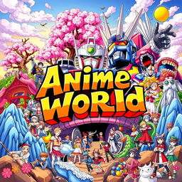 A vibrant and colorful illustration representing the anime world, featuring iconic elements such as vibrant characters with exaggerated expressions, fantasy landscapes, and popular anime motifs like cherry blossom trees, giant robots, and mystical creatures