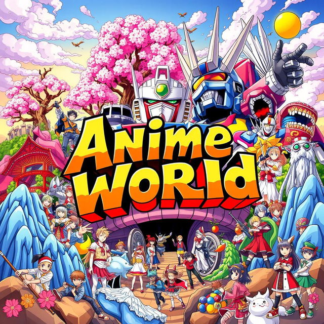 A vibrant and colorful illustration representing the anime world, featuring iconic elements such as vibrant characters with exaggerated expressions, fantasy landscapes, and popular anime motifs like cherry blossom trees, giant robots, and mystical creatures