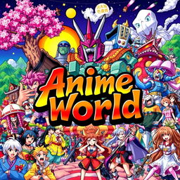 A vibrant and colorful illustration representing the anime world, featuring iconic elements such as vibrant characters with exaggerated expressions, fantasy landscapes, and popular anime motifs like cherry blossom trees, giant robots, and mystical creatures