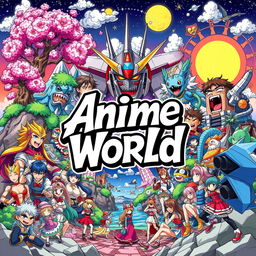 A vibrant and colorful illustration representing the anime world, featuring iconic elements such as vibrant characters with exaggerated expressions, fantasy landscapes, and popular anime motifs like cherry blossom trees, giant robots, and mystical creatures