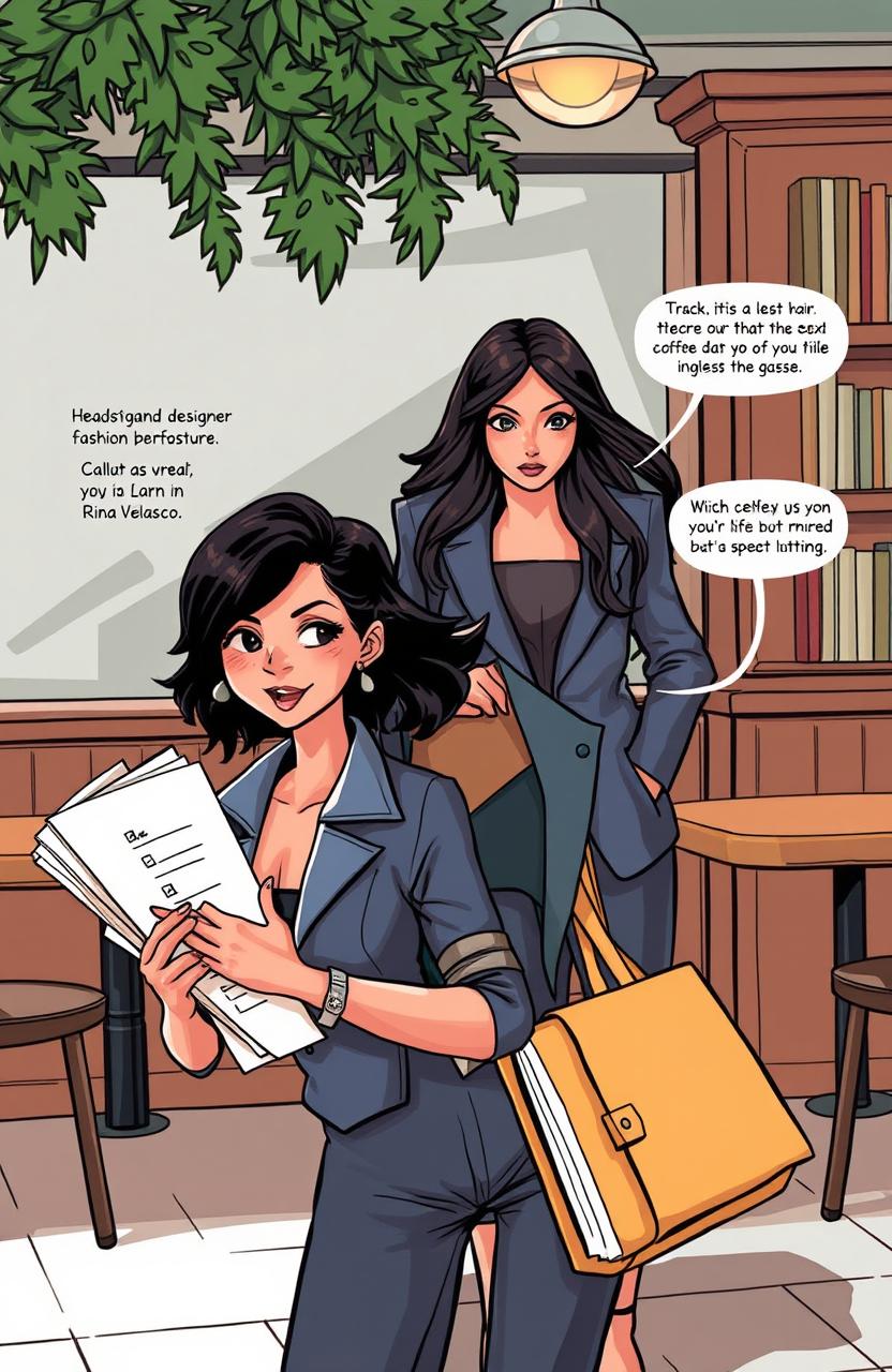 In a vibrant urban setting, a headstrong and ambitious fashion designer named Rina Velasco is depicted in the foreground, her stylish attire showcasing her artistic flair