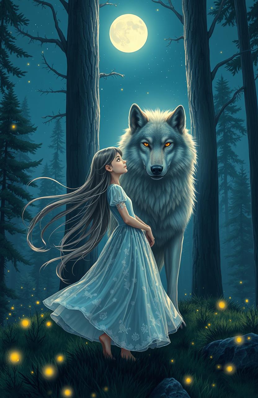 A girl deeply in love with a majestic wolf, standing in a lush forest under a starry night sky