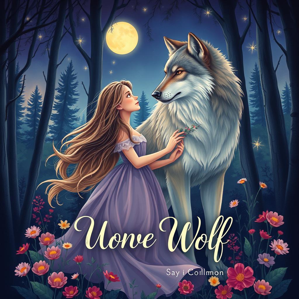A captivating book cover illustration featuring a young woman in love with a majestic wolf