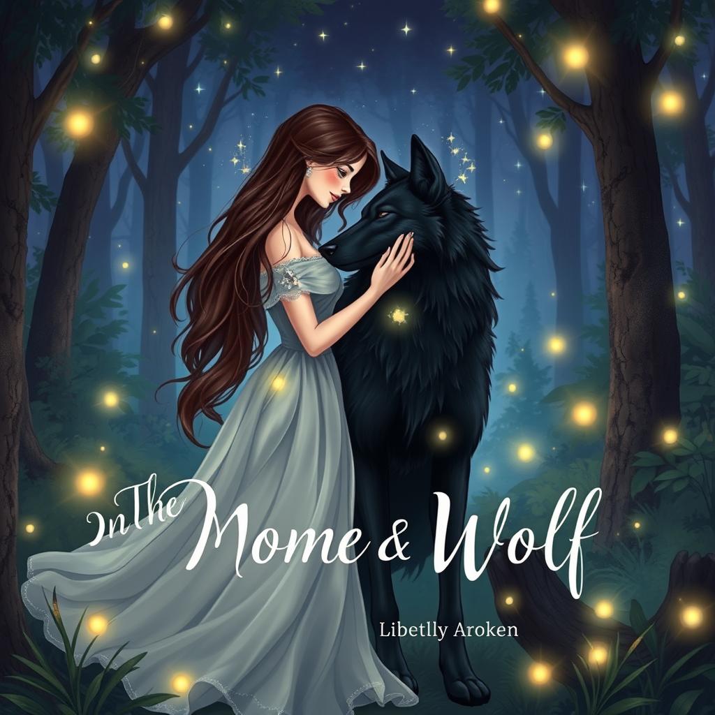 A stunning book cover illustration featuring a young woman with long, dark brown hair, deeply in love with a sleek black wolf