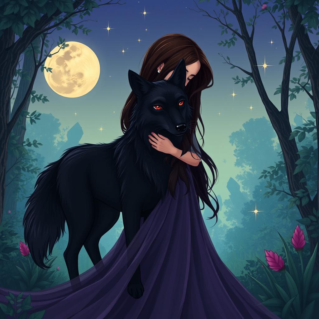 An illustration of a brunette girl deeply in love with a black wolf, set in an enchanting forest under a twilight sky