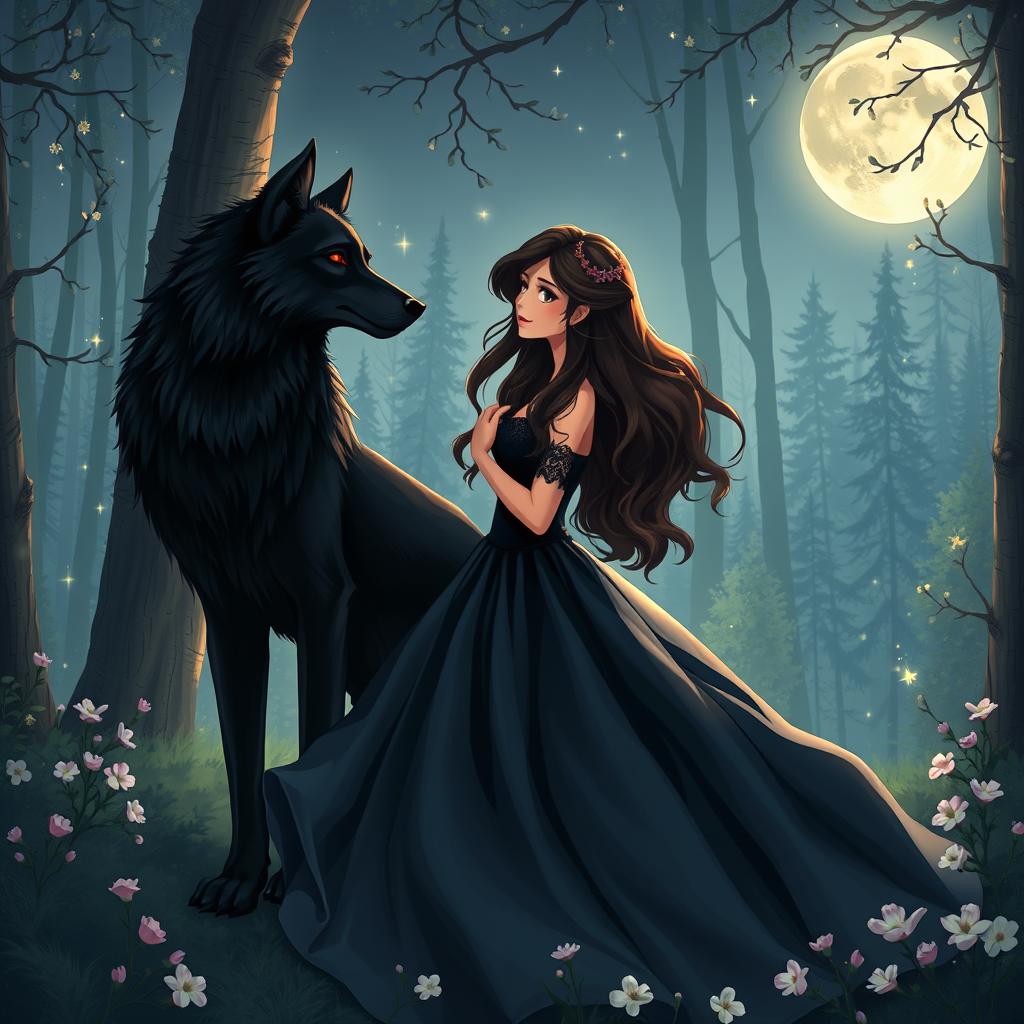 An AI-generated illustration of a brunette girl in love with a striking black wolf