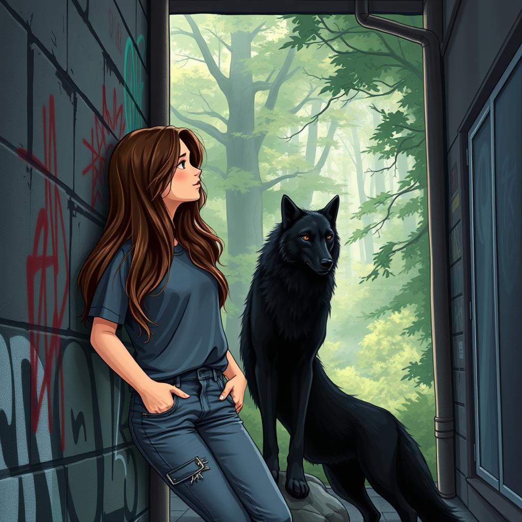 An AI-generated illustration of a city-dwelling brunette teenager in love with a striking black wolf