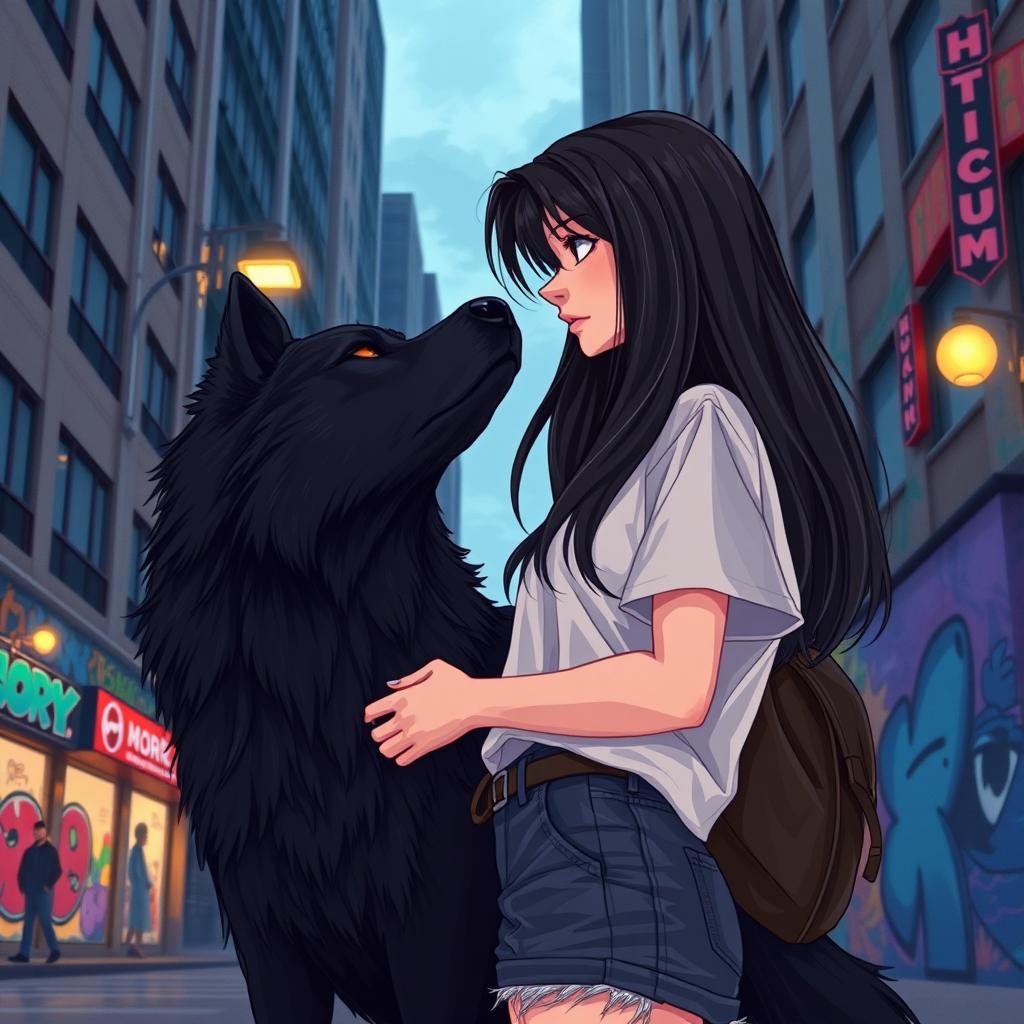 An AI-generated illustration of a city-dwelling brunette teenager in love with a striking black wolf