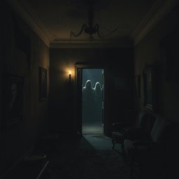 A hauntingly atmospheric horror scene set in a decrepit old mansion, with dark shadows lurking in the corners