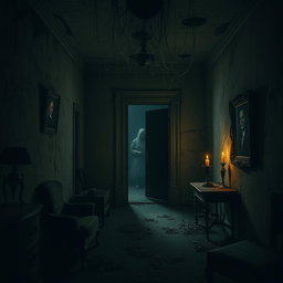 A hauntingly atmospheric horror scene set in a decrepit old mansion, with dark shadows lurking in the corners
