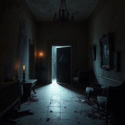 A hauntingly atmospheric horror scene set in a decrepit old mansion, with dark shadows lurking in the corners