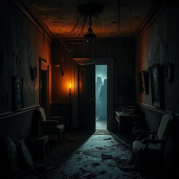 A hauntingly atmospheric horror scene set in a decrepit old mansion, with dark shadows lurking in the corners