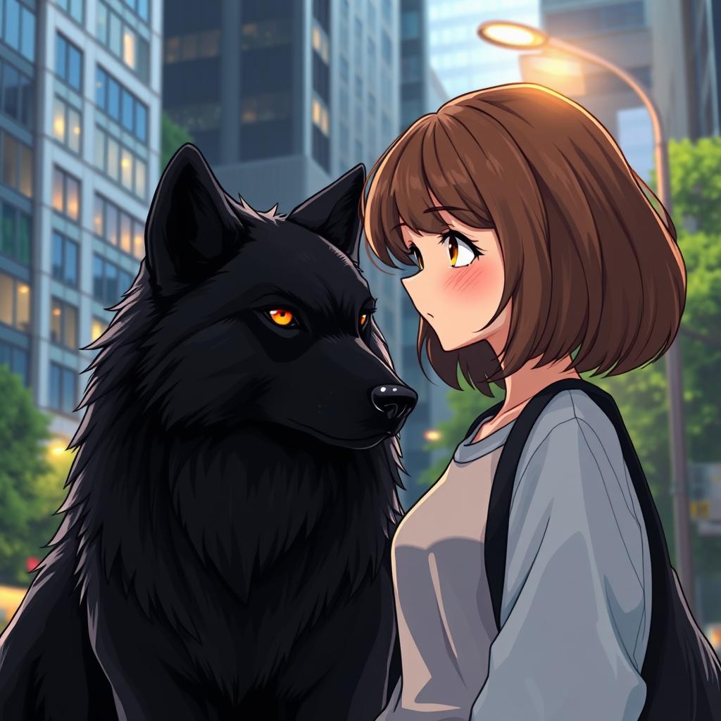 An AI-generated illustration of a city-dwelling adolescent girl with brown hair, deeply enchanted by a majestic black wolf