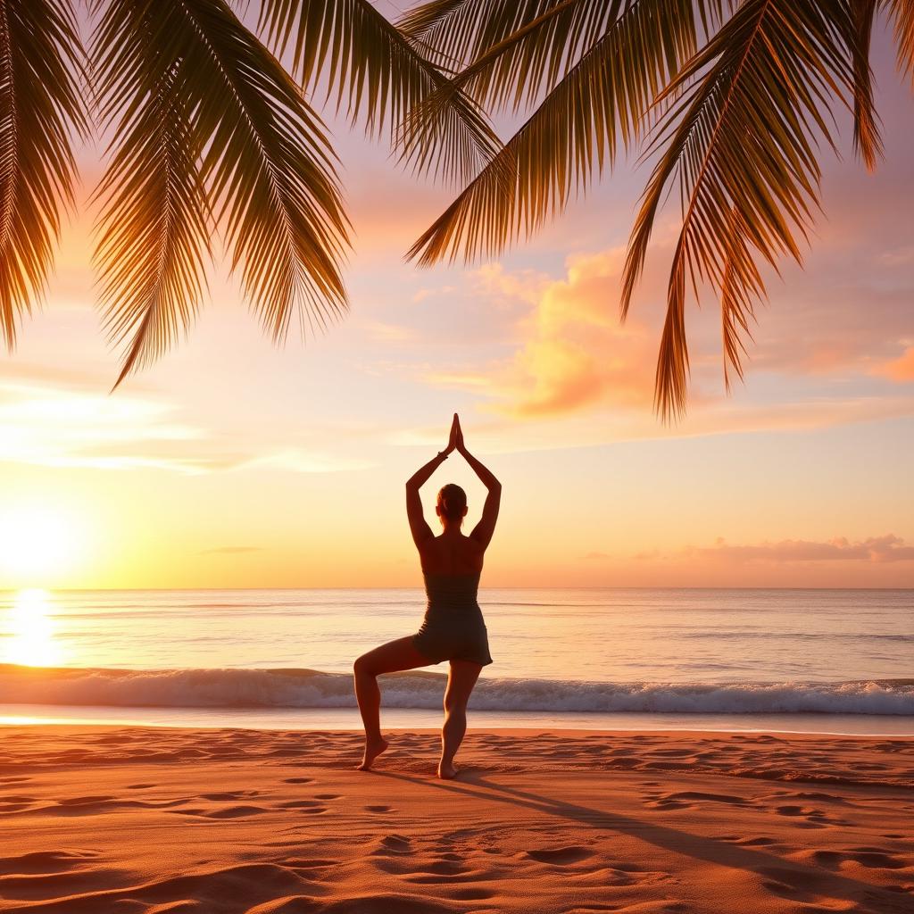 A serene beach landscape during sunset, where the golden sun casts warm light over the soft sands and gentle waves