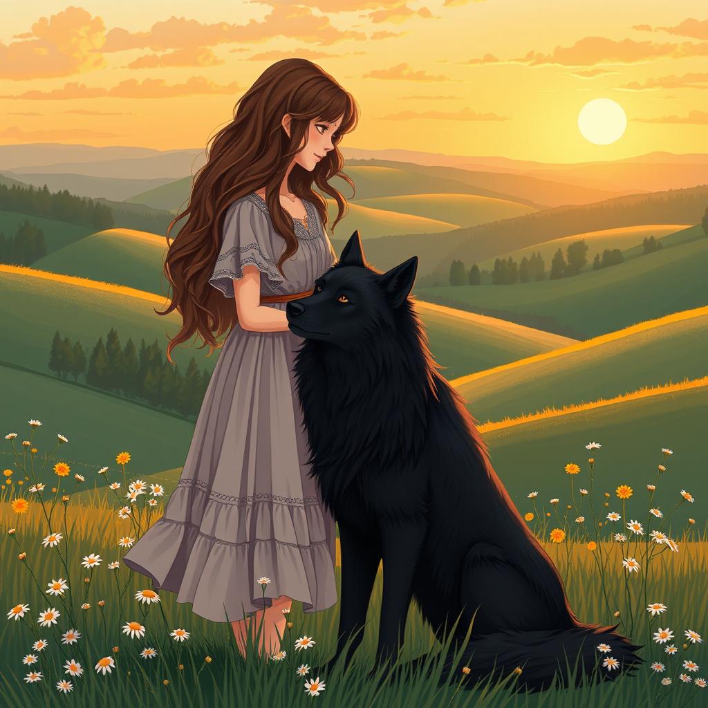 An AI-generated illustration of a countryside brunette teenager deeply in love with a magnificent black wolf