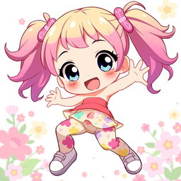 An anime-style illustration of a cheerful young girl wearing colorful panties, designed with playful patterns