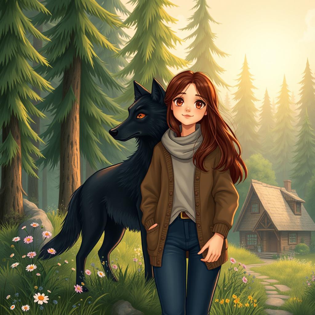 An AI-generated illustration of a teenage girl with long brown hair, moving to a quaint village nestled in a lush forest