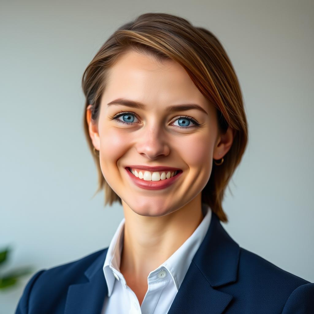 A vibrant and professional headshot of a confident individual with a warm smile, set against a clean, softly blurred background