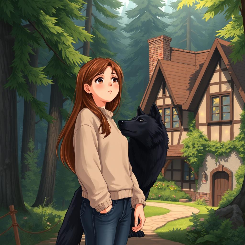 A realistic illustration of a teenage girl with long brown hair, moving to a quaint village surrounded by a dense, enchanting forest