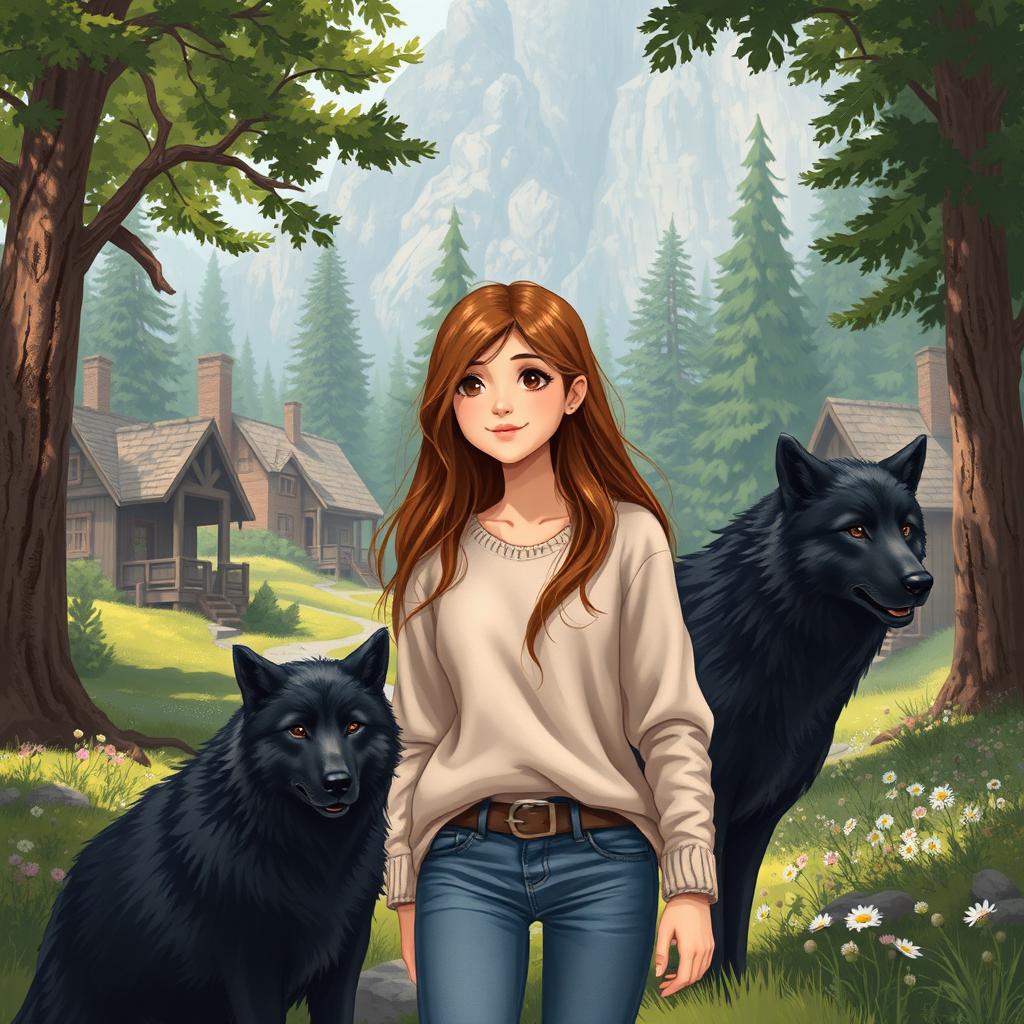 A realistic illustration of a teenage girl with long brown hair, moving to a picturesque village set in the heart of a lush forest
