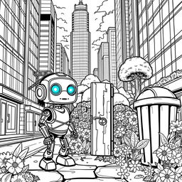 Create a detailed black and white coloring book page illustrating the tale of Tom, a small recently built robot with large glowing blue eyes and shiny metal joints
