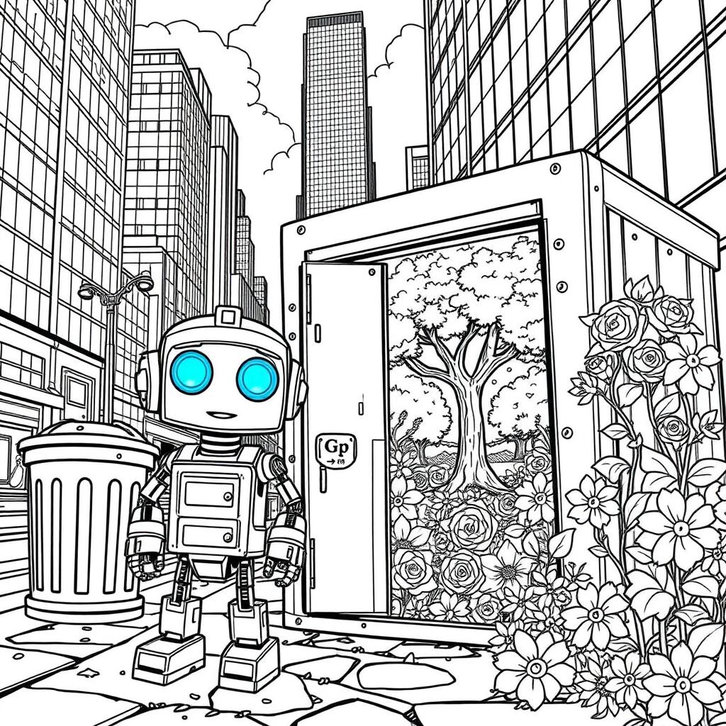 Create a detailed black and white coloring book page illustrating the tale of Tom, a small recently built robot with large glowing blue eyes and shiny metal joints