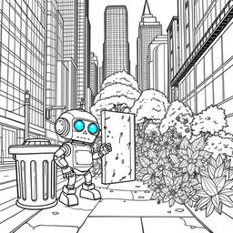 Create a detailed black and white coloring book page illustrating the tale of Tom, a small recently built robot with large glowing blue eyes and shiny metal joints