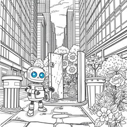 Create a detailed black and white coloring book page illustrating the tale of Tom, a small recently built robot with large glowing blue eyes and shiny metal joints