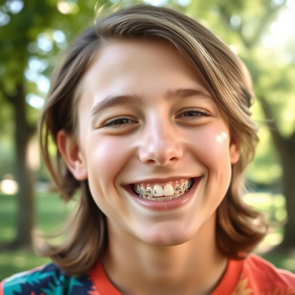 A close-up of a smiling young adult with braces, showcasing bright white teeth and a joyful expression