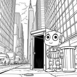 Create a detailed black and white coloring book page illustrating the tale of Tom, a small recently built robot with large expressive eyes and shiny metal joints