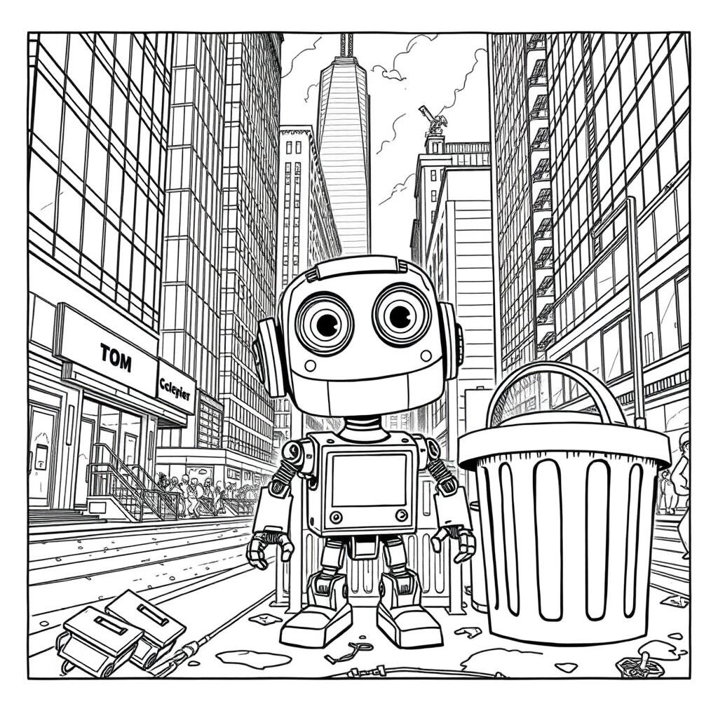 Create a detailed black and white coloring book page illustrating the tale of Tom, a small recently built robot with large expressive eyes and shiny metal joints