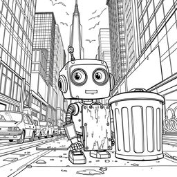 Create a detailed black and white coloring book page illustrating the tale of Tom, a small recently built robot with large expressive eyes and shiny metal joints